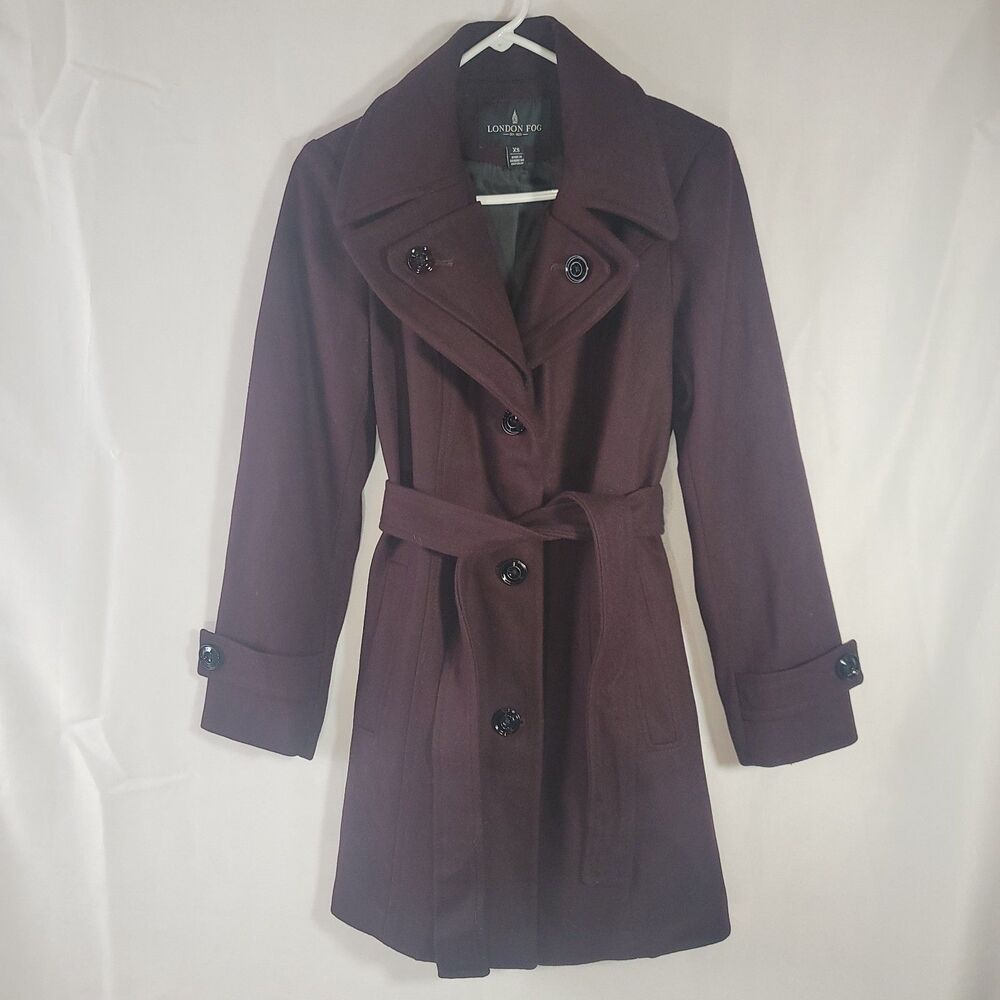 London Fog Womens XS Burgundy Wool Blend Belted Peacoat Mid Length Walker Coat